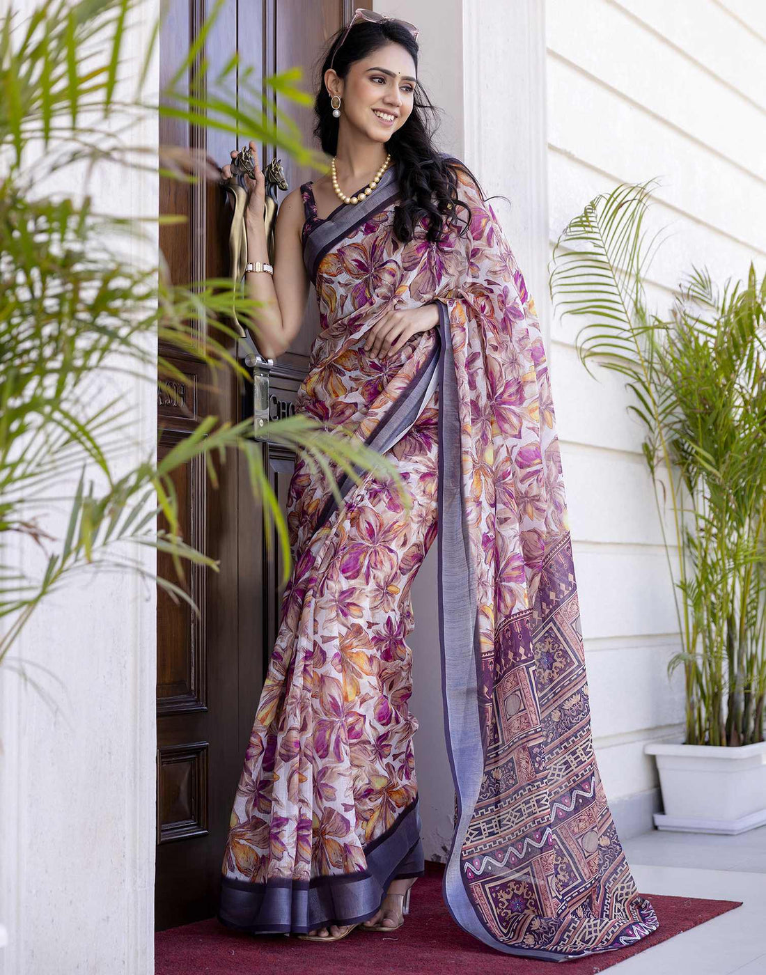 Ready To Wear White Linen Floral Printed Saree