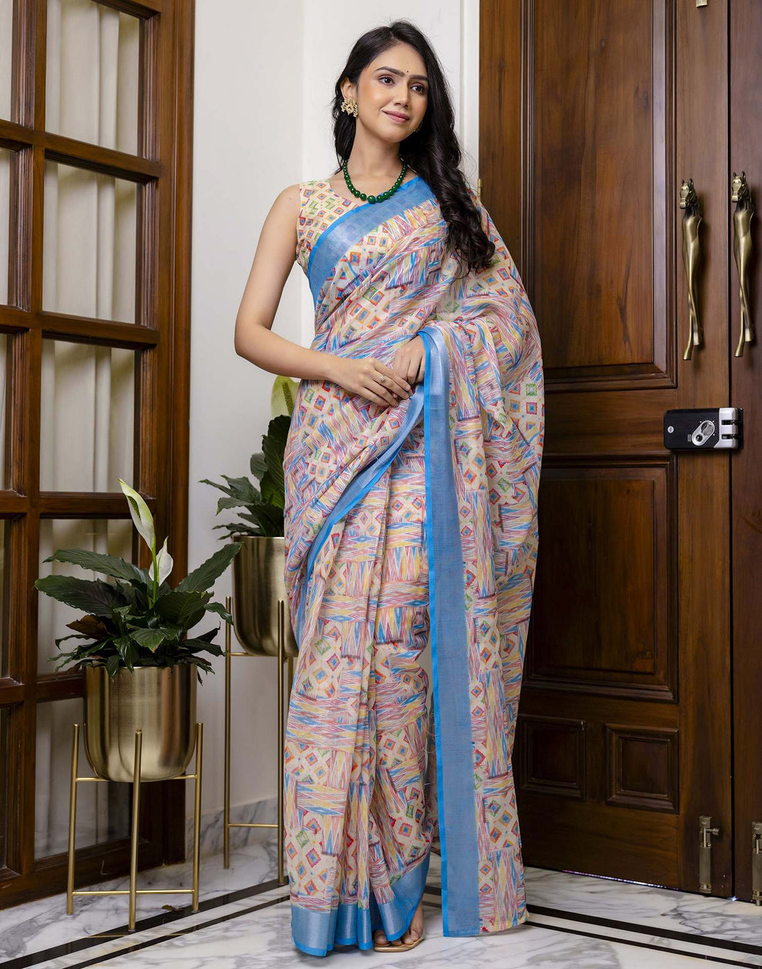 Ready To Wear Blue Linen Floral Printed Saree