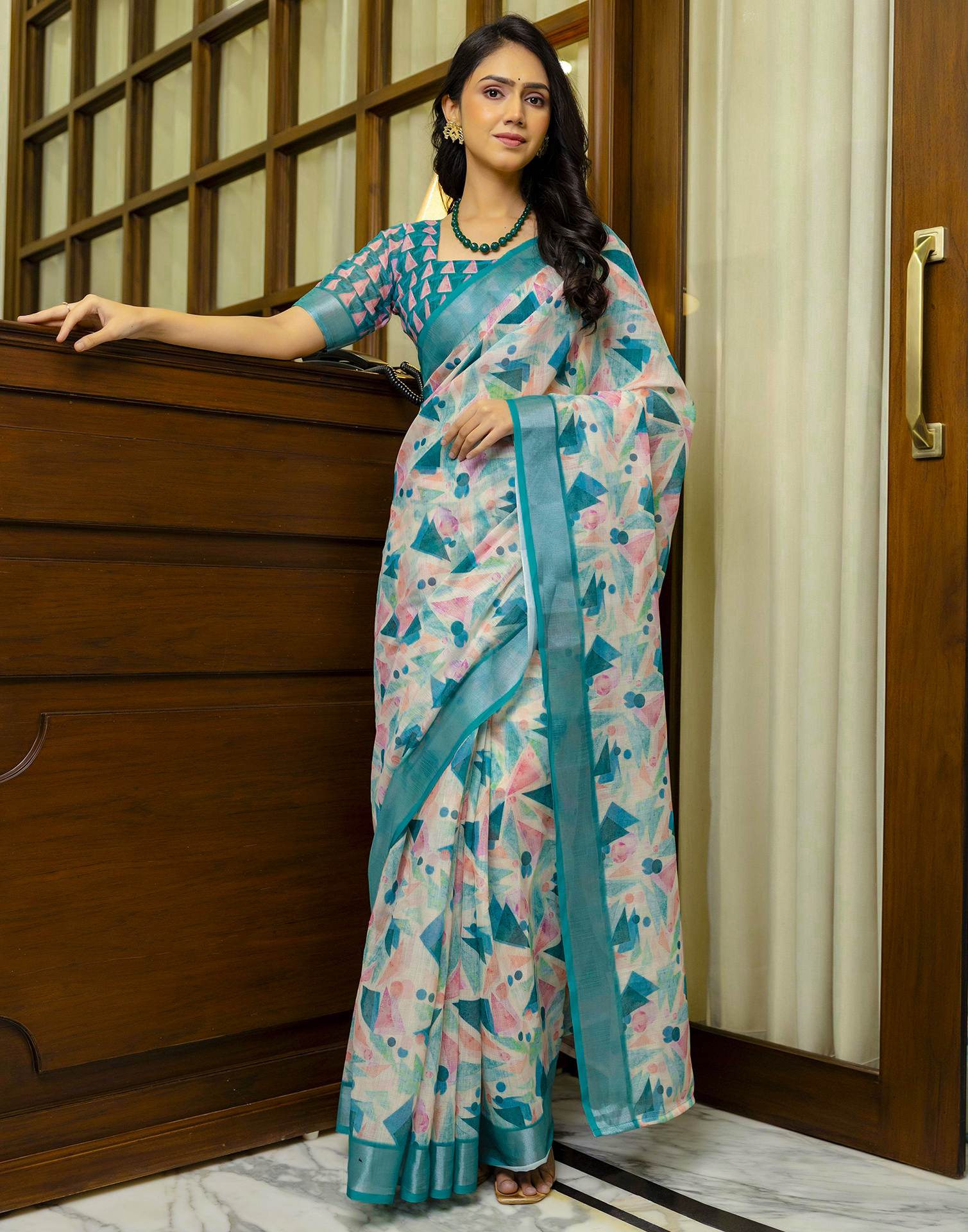 Ready To Wear Off White Linen Printed Saree
