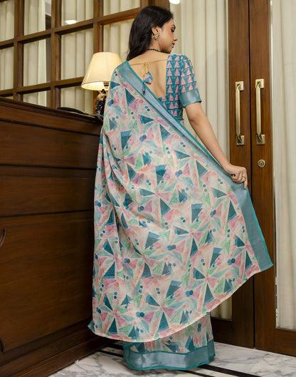 Ready To Wear Off White Linen Printed Saree