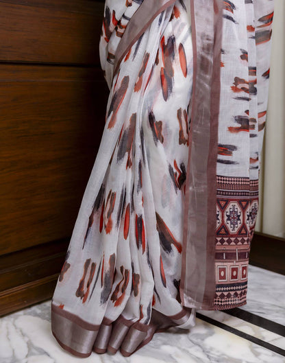 Ready To Wear White Linen Printed Saree