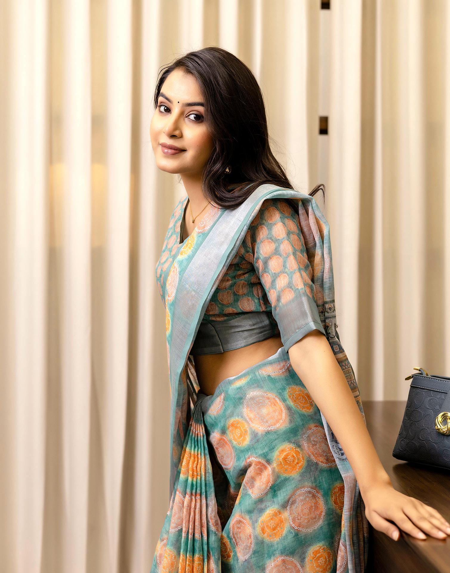 Ready To Wear Teal Blue Linen Printed Saree