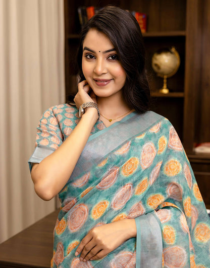 Ready To Wear Teal Blue Linen Printed Saree