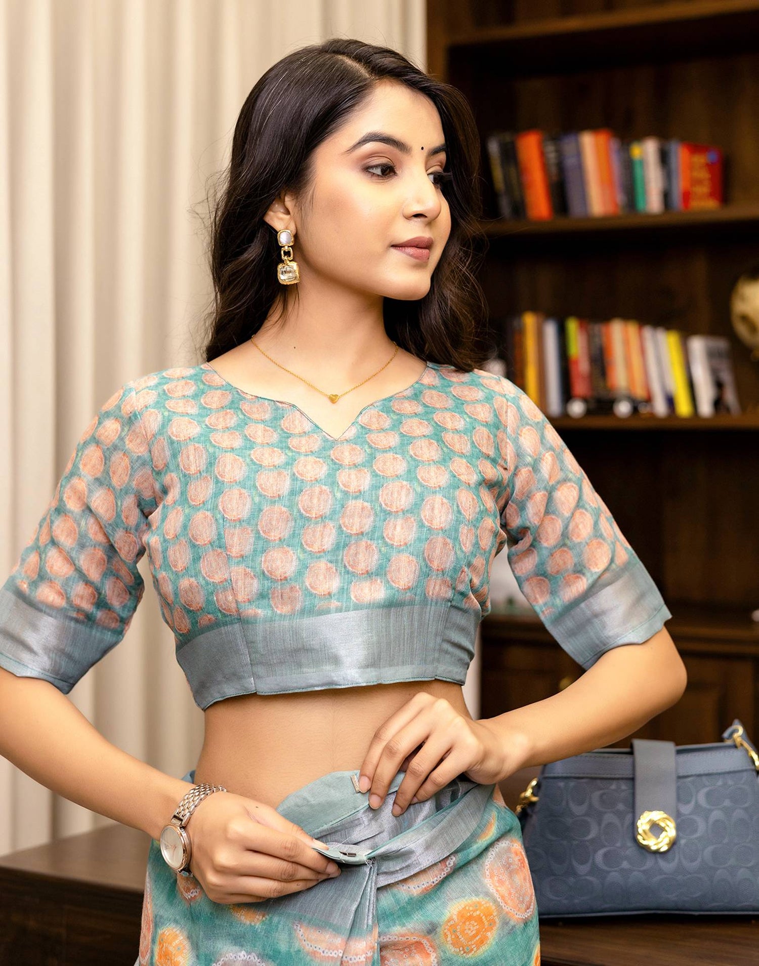 Ready To Wear Teal Blue Linen Printed Saree
