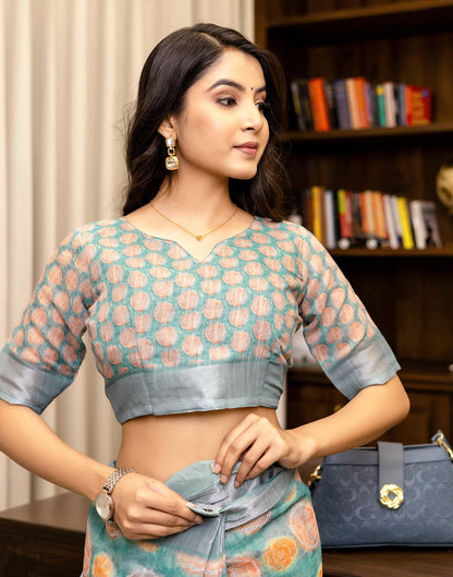 Ready To Wear Teal Blue Linen Printed Saree