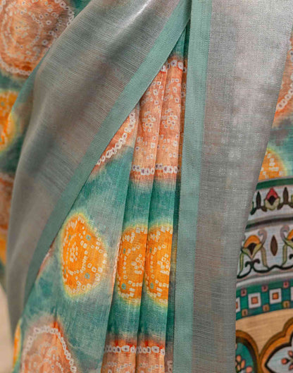 Ready To Wear Teal Blue Linen Printed Saree