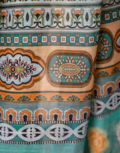 Ready To Wear Teal Blue Linen Printed Saree