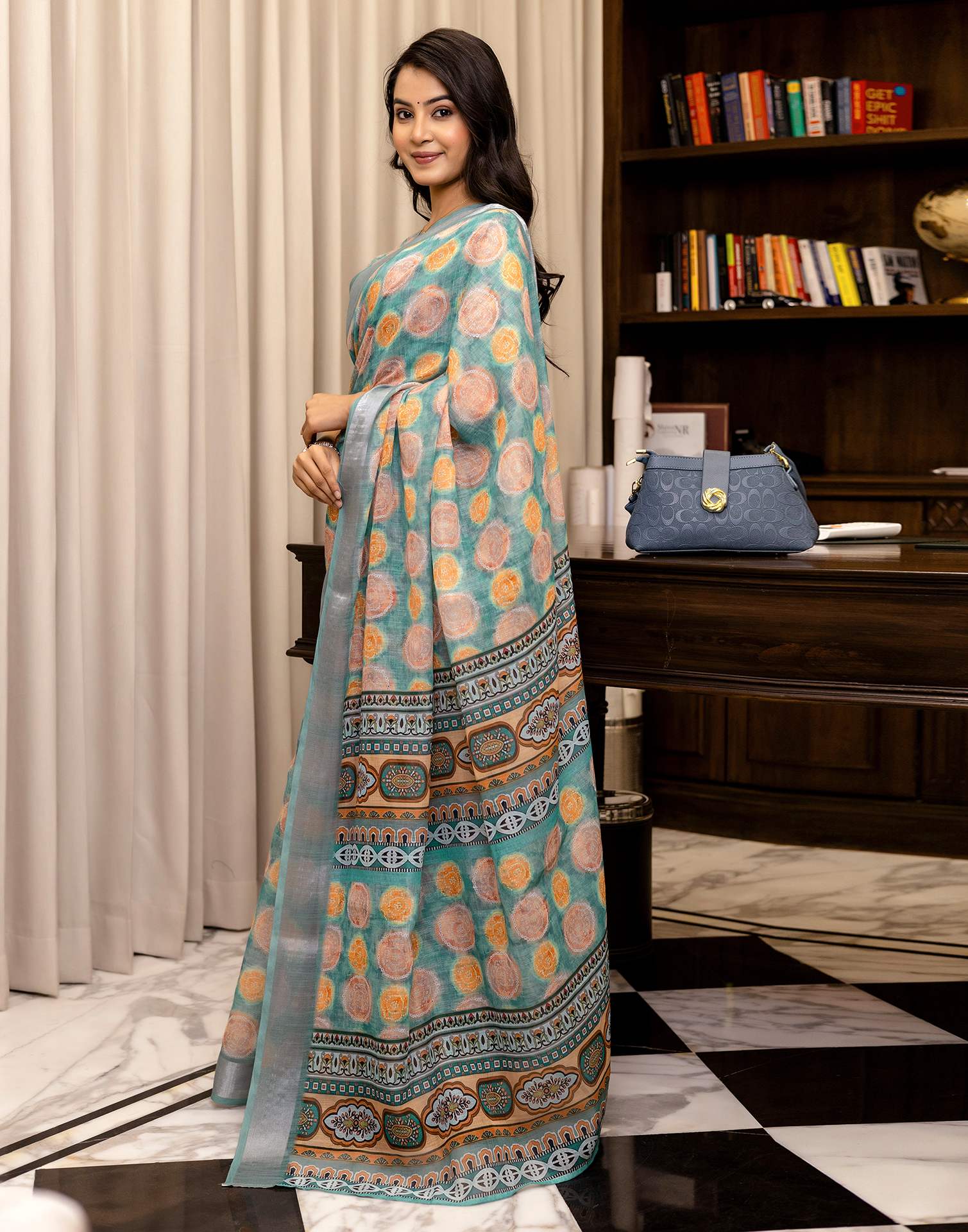 Ready To Wear Teal Blue Linen Printed Saree