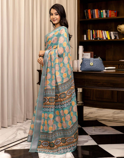 Ready To Wear Teal Blue Linen Printed Saree