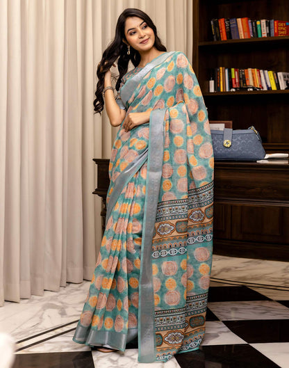 Ready To Wear Teal Blue Linen Printed Saree