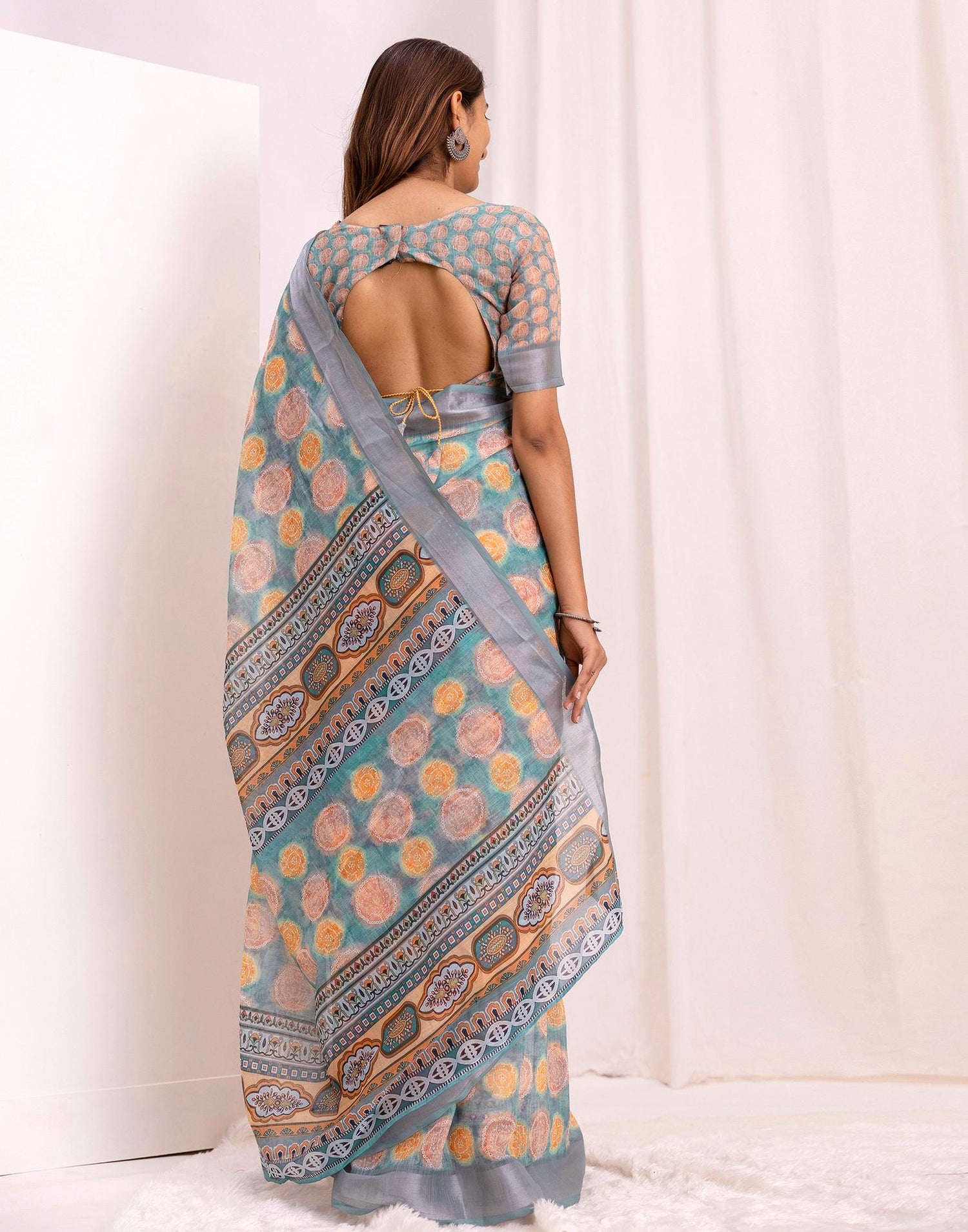 Ready To Wear Teal Blue Linen Printed Saree