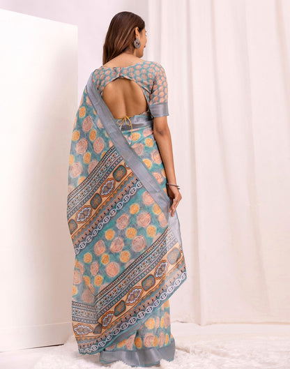 Ready To Wear Teal Blue Linen Printed Saree