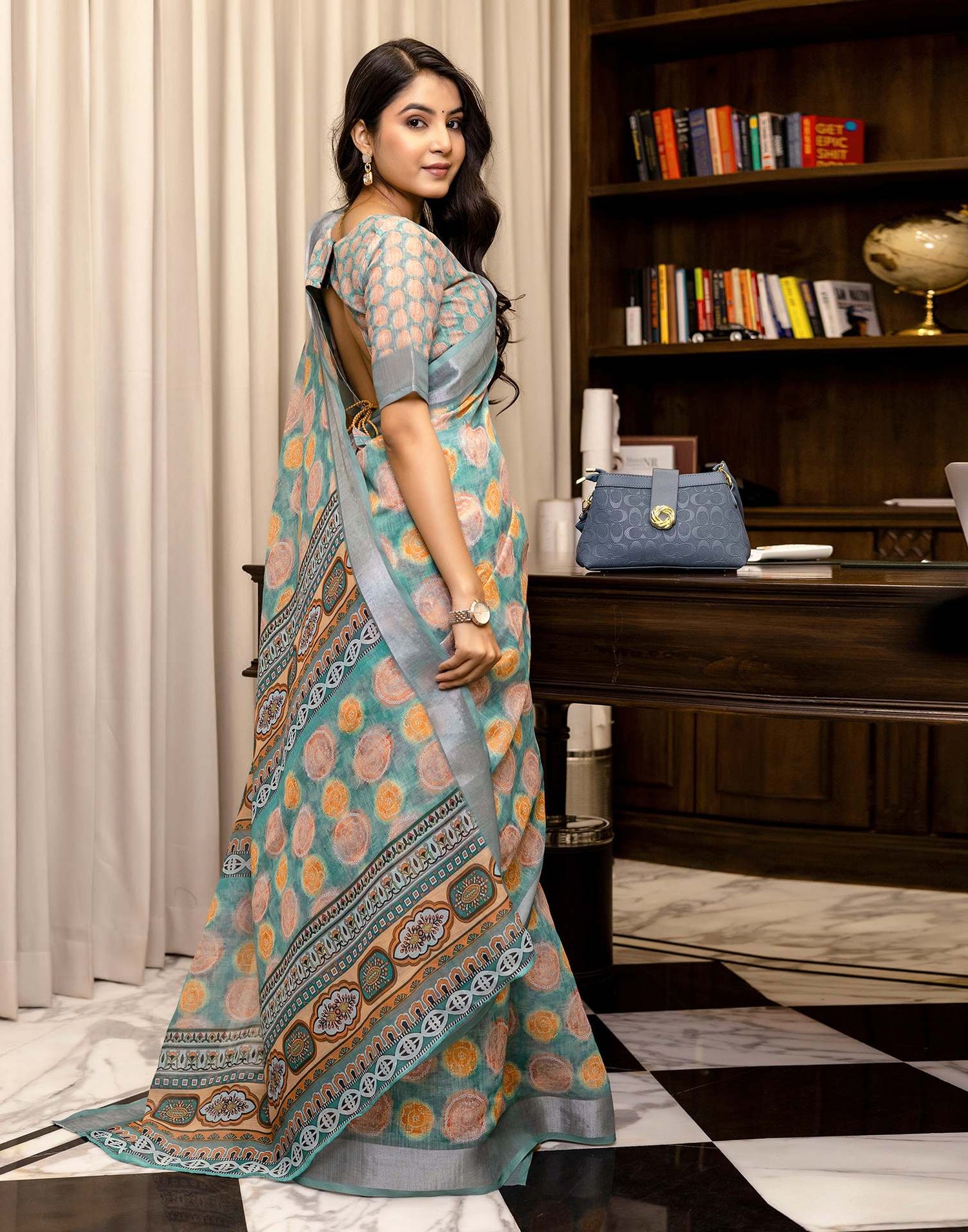 Ready To Wear Teal Blue Linen Printed Saree