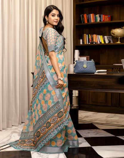Ready To Wear Teal Blue Linen Printed Saree