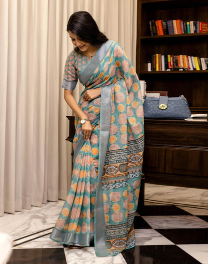 Ready To Wear Teal Blue Linen Printed Saree
