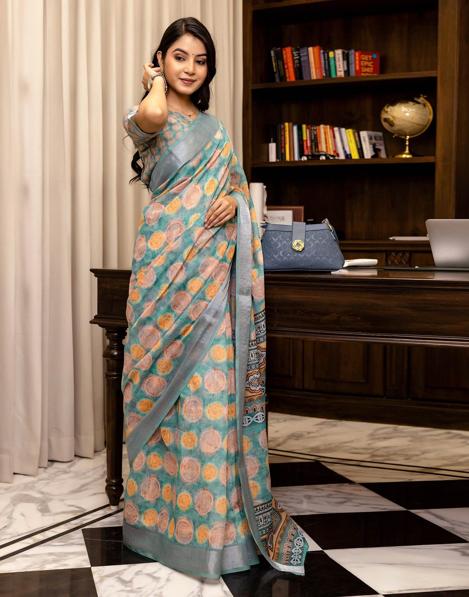 Ready To Wear Teal Blue Linen Printed Saree