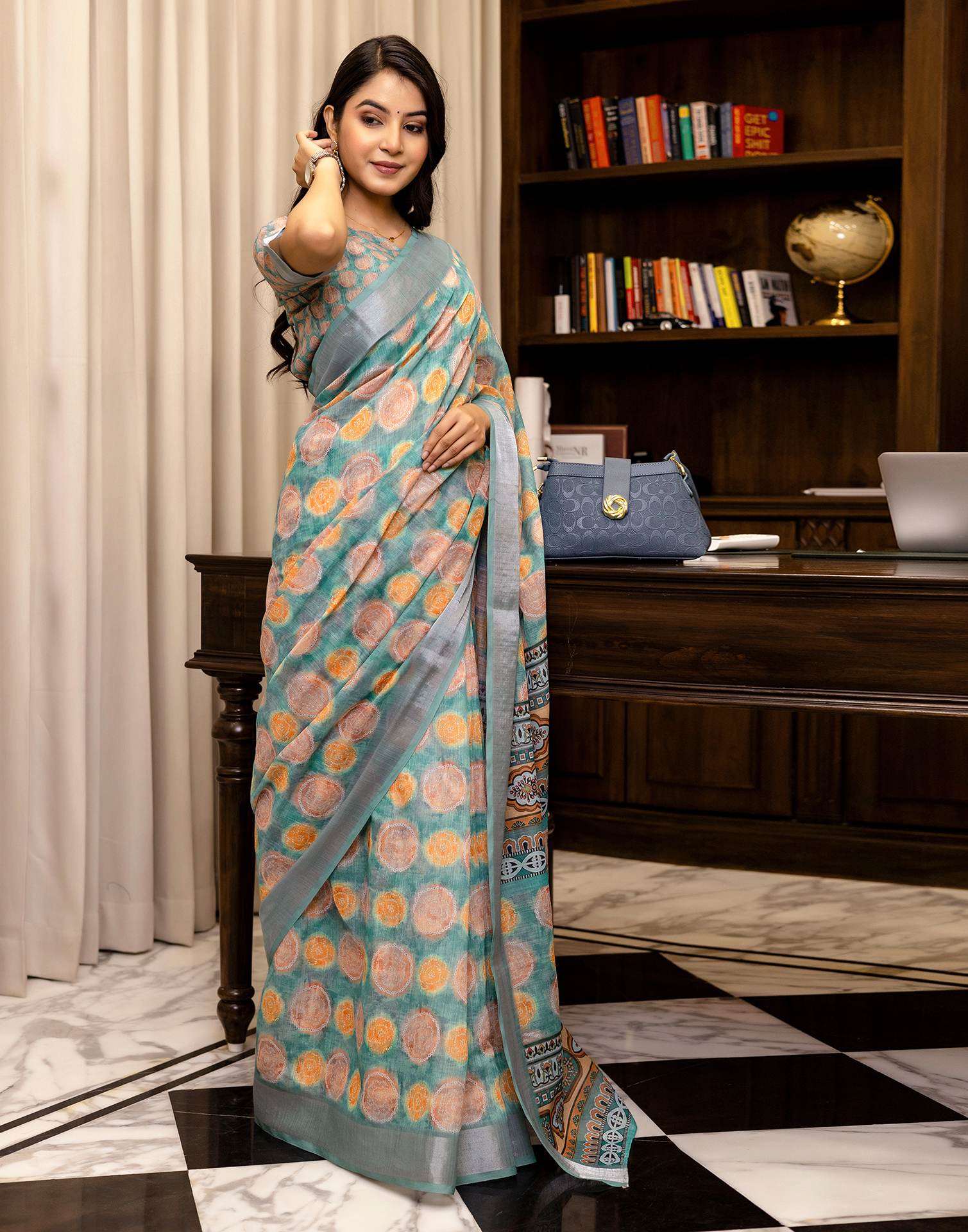 Ready To Wear Teal Blue Linen Printed Saree