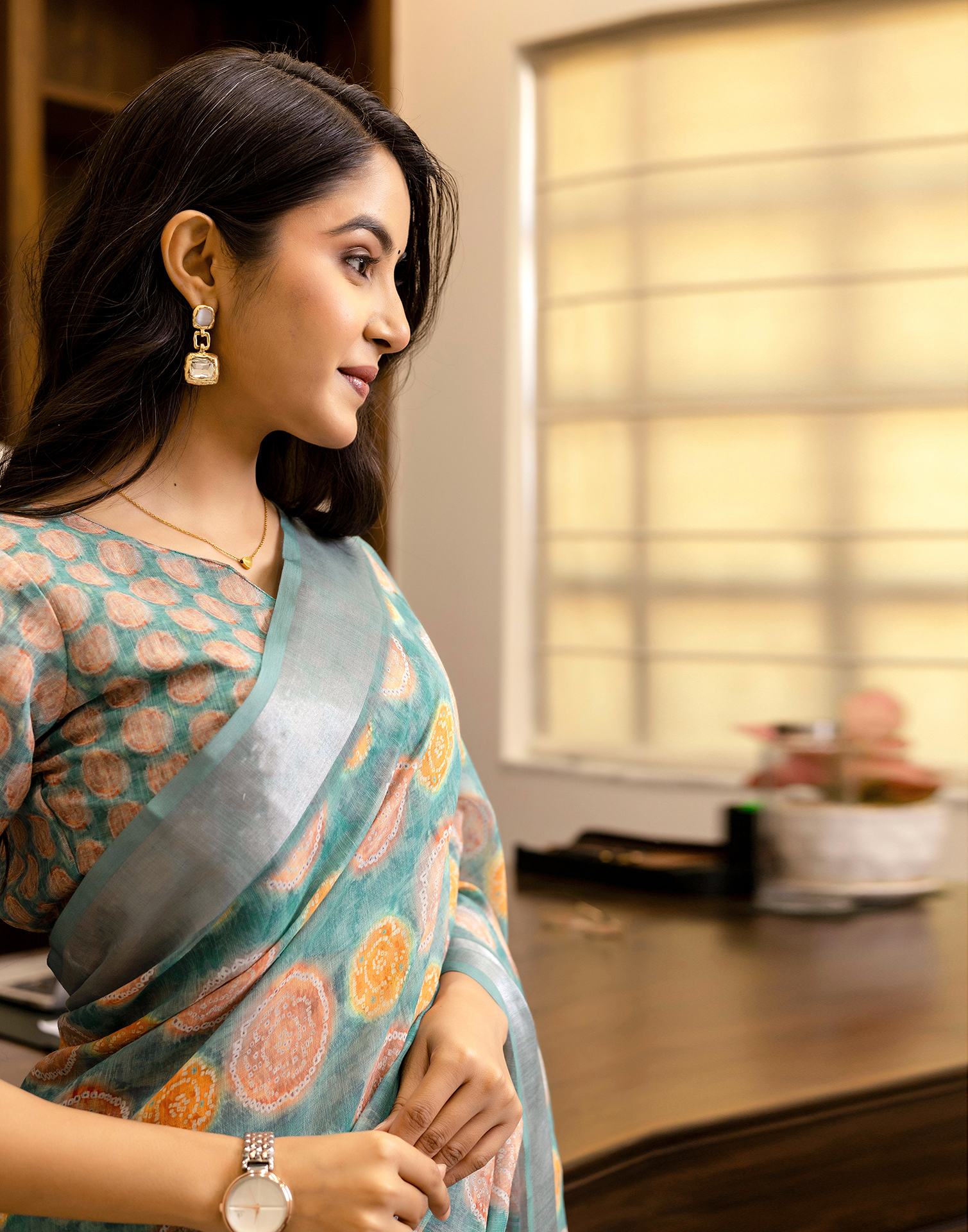 Ready To Wear Teal Blue Linen Printed Saree