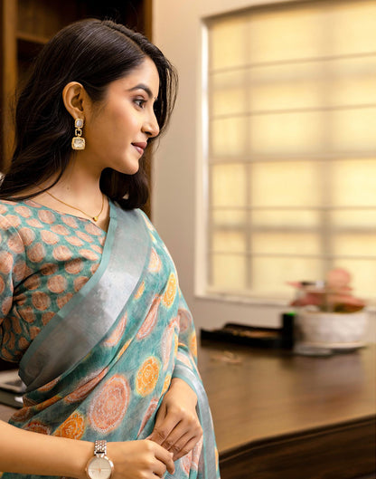 Ready To Wear Teal Blue Linen Printed Saree