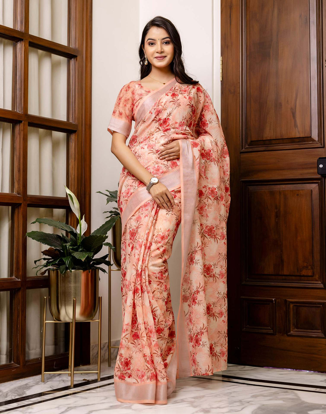 Ready To Wear Peach Linen Printed Saree