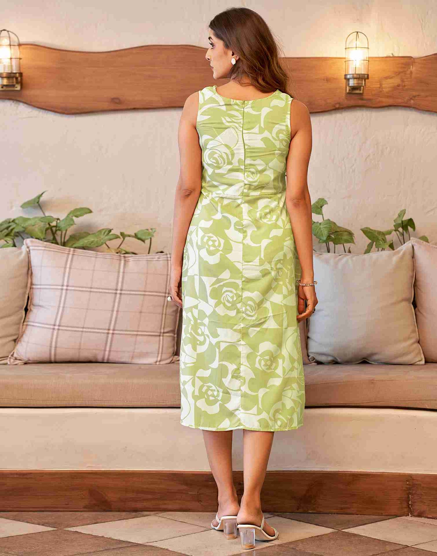 Light Olive Green Polyester Printed Slit Dress