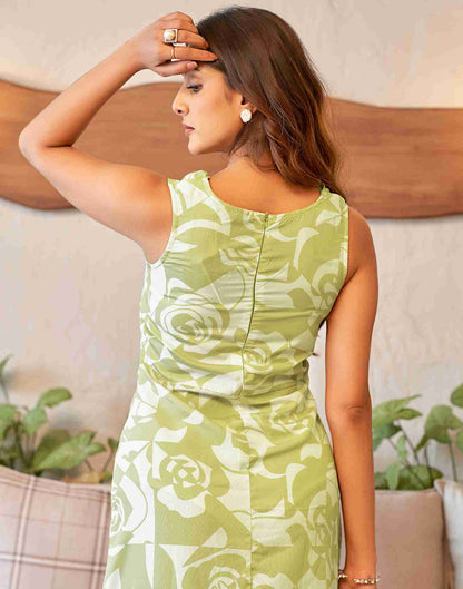 Light Olive Green Polyester Printed Slit Dress