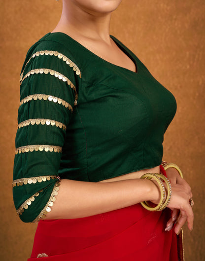 Dark Green Cotton Plain Sequence Blouse