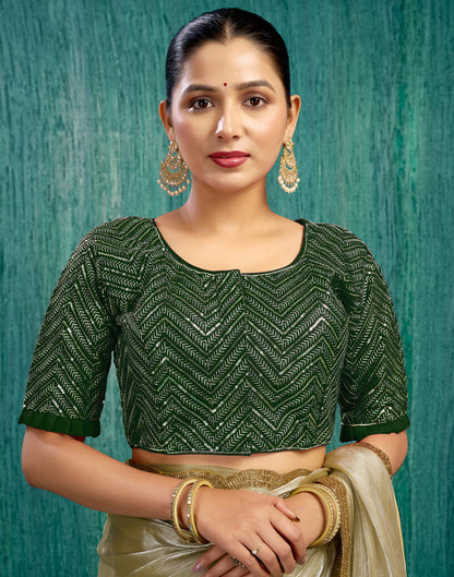 Dark Green Silk Plain Sequence Blouse