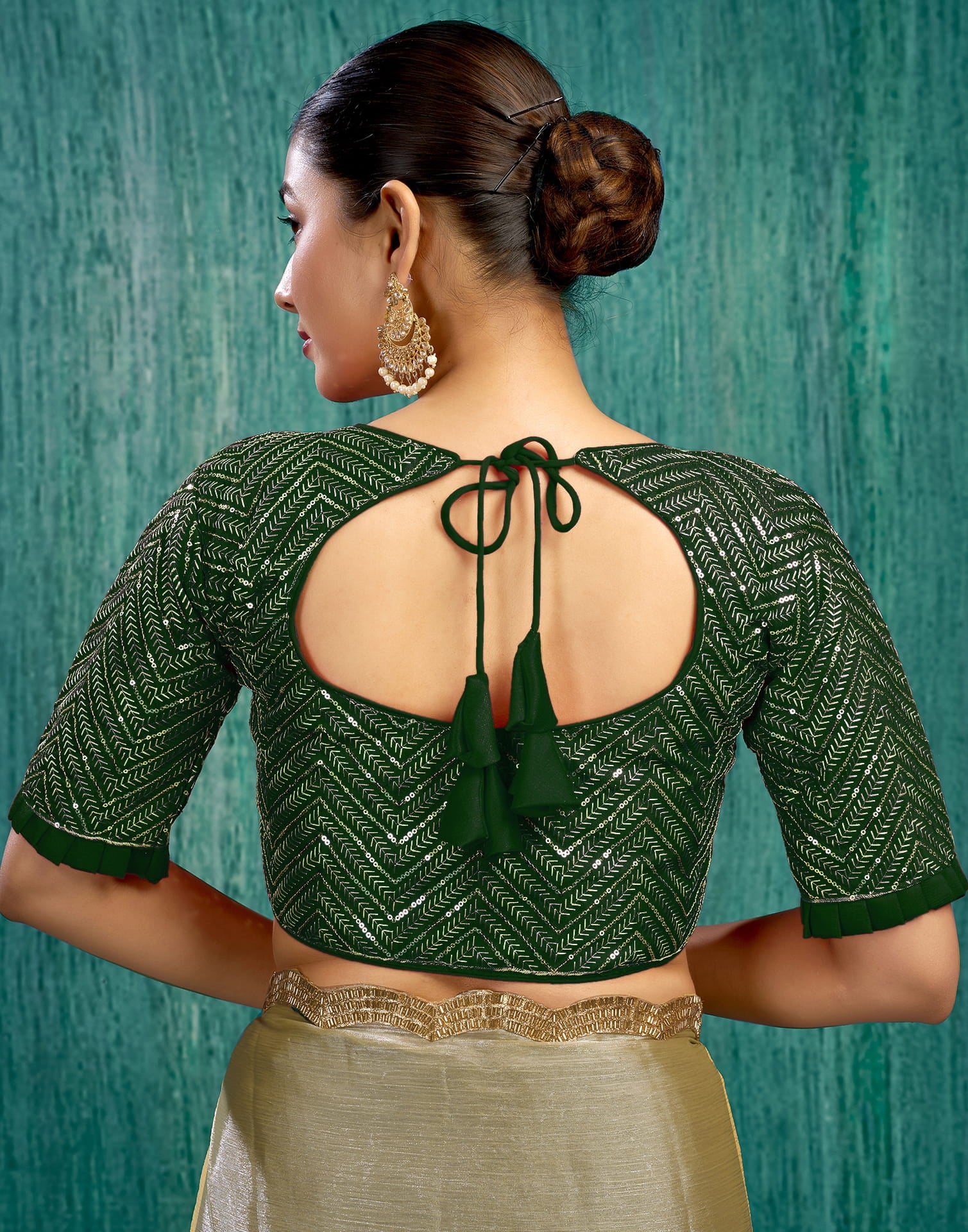 Dark Green Silk Plain Sequence Blouse