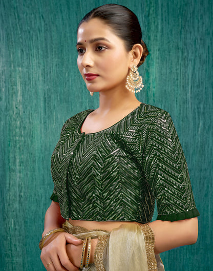 Dark Green Silk Plain Sequence Blouse