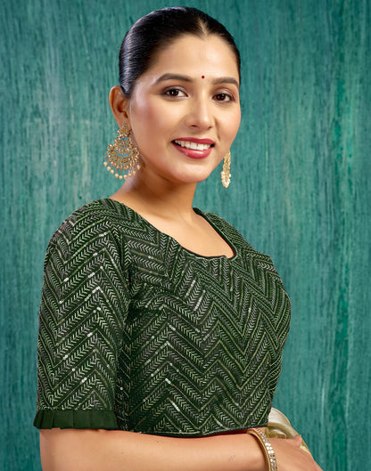 Dark Green Silk Plain Sequence Blouse