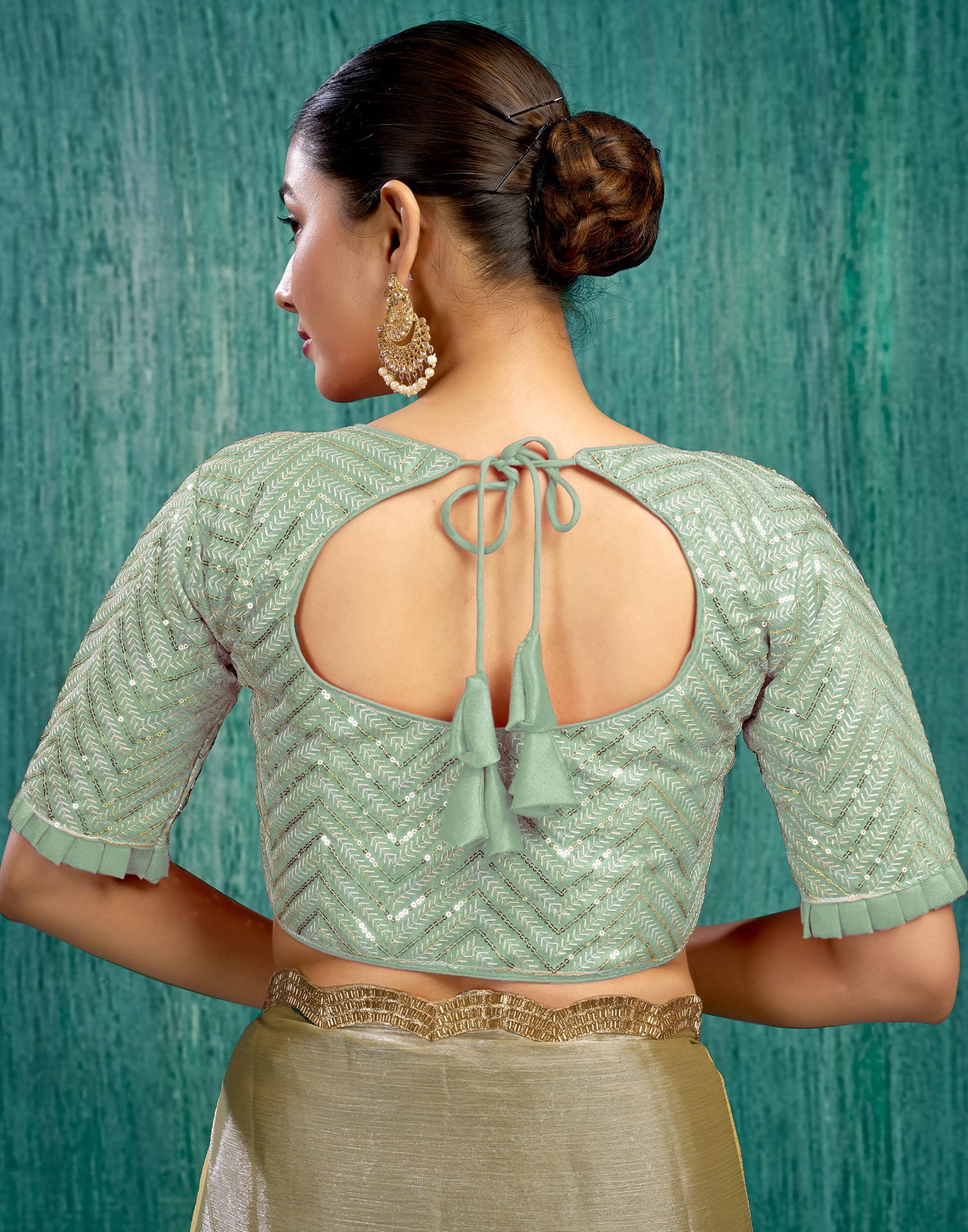 Light Pista Green Silk Plain Sequence Blouse