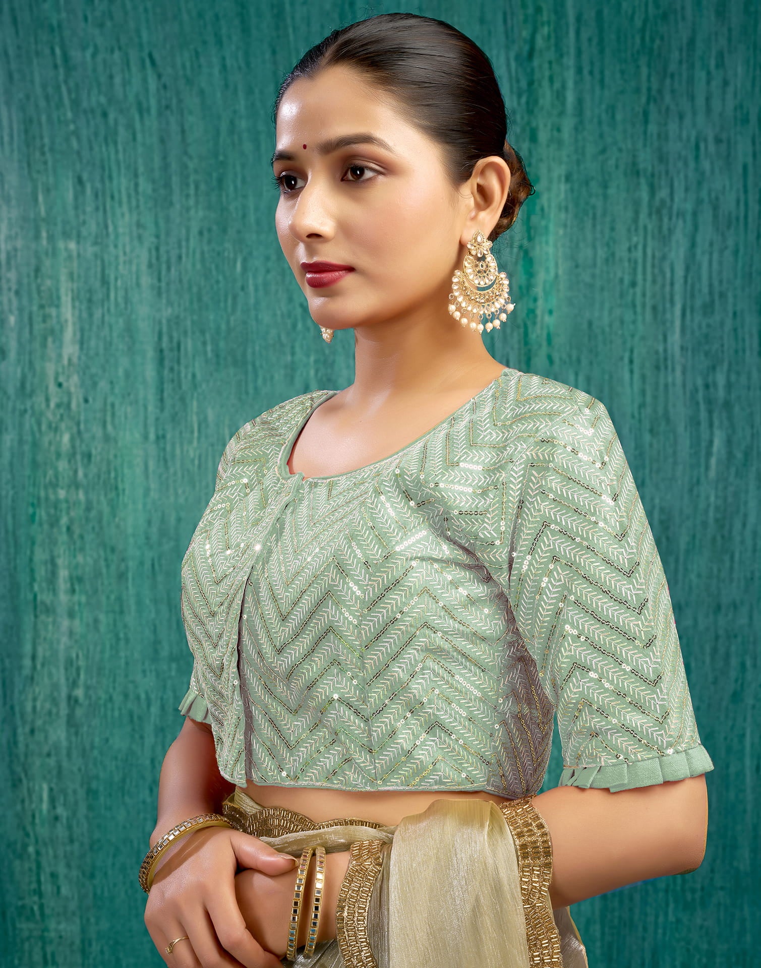 Light Pista Green Silk Plain Sequence Blouse