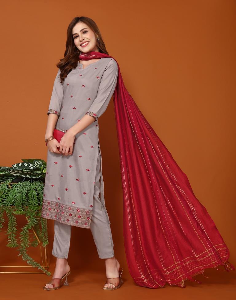 Dusty Brown Embroidery Chinnon Straight kurta With Pant And Dupatta