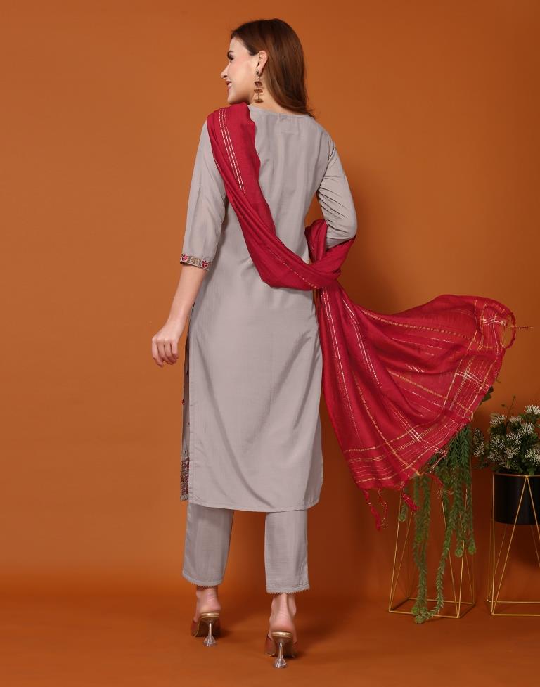 Dusty Brown Embroidery Chinnon Straight kurta With Pant And Dupatta