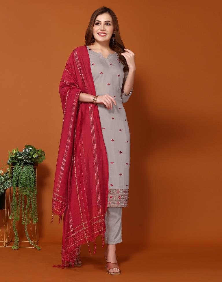 Dusty Brown Embroidery Chinnon Straight kurta With Pant And Dupatta