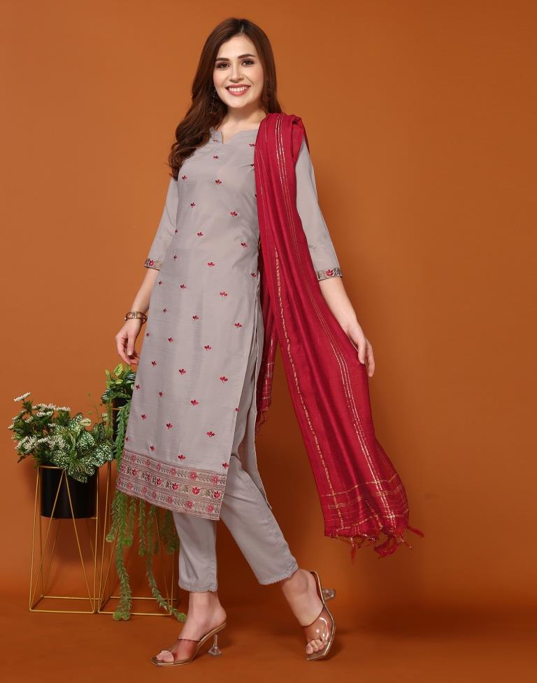 Dusty Brown Embroidery Chinnon Straight kurta With Pant And Dupatta