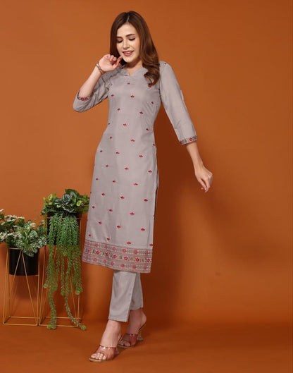 Dusty Brown Embroidery Chinnon Straight kurta With Pant And Dupatta