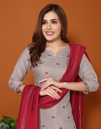 Dusty Brown Embroidery Chinnon Straight kurta With Pant And Dupatta