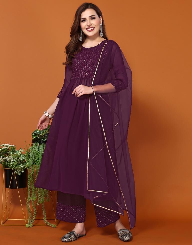 Wine Georgette Embroidery Flared Kurta Kurti With Pant And Dupatta | Leemboodi