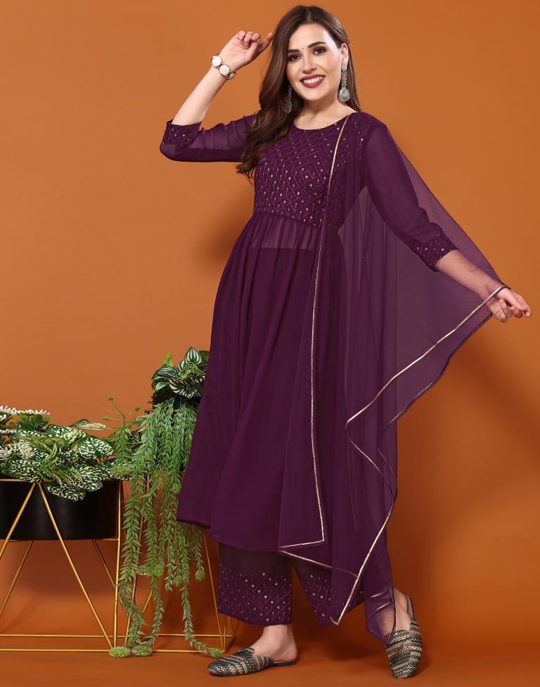 Wine Georgette Embroidery Flared Kurta Kurti With Pant And Dupatta | Leemboodi