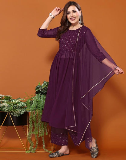 Wine Georgette Embroidery Flared Kurta Kurti With Pant And Dupatta | Leemboodi