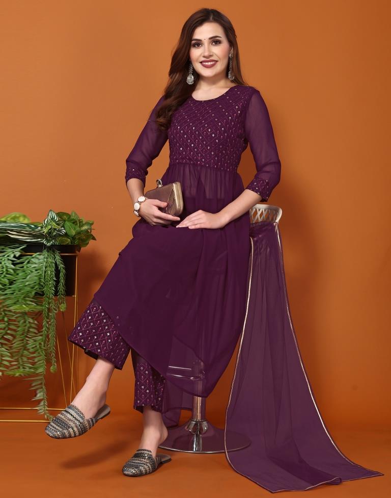 Wine Georgette Embroidery Flared Kurta Kurti With Pant And Dupatta | Leemboodi