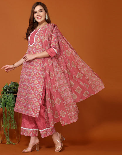 Pink Printed Cotton Straight Kurta With Pant And Dupatta | Sudathi