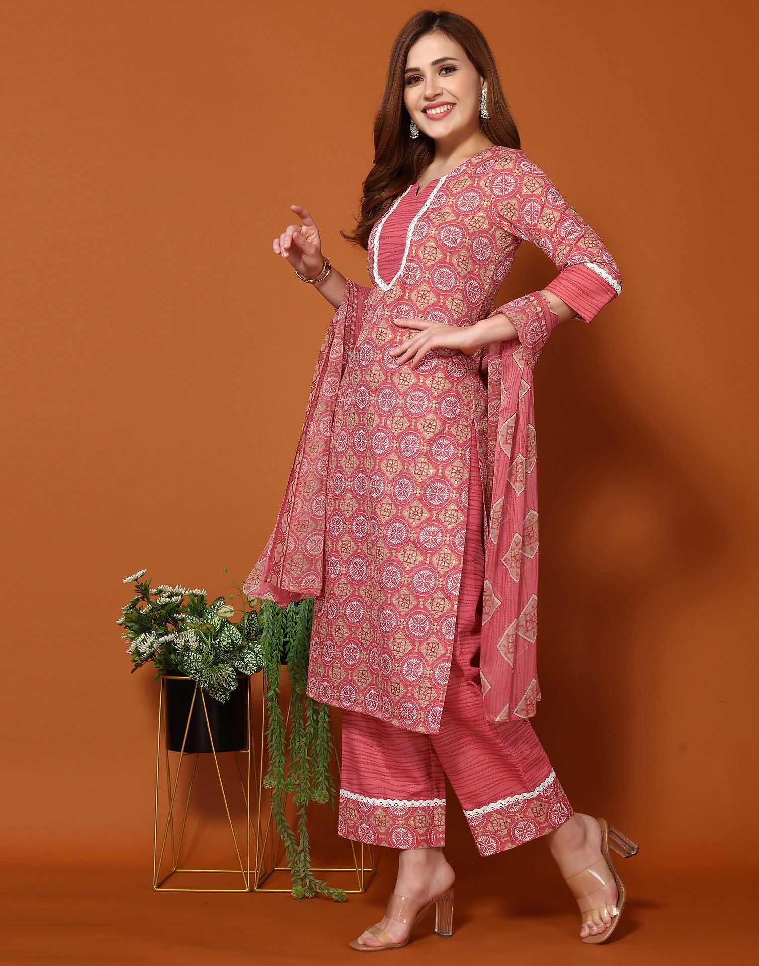 Pink Printed Cotton Straight Kurta With Pant And Dupatta | Sudathi