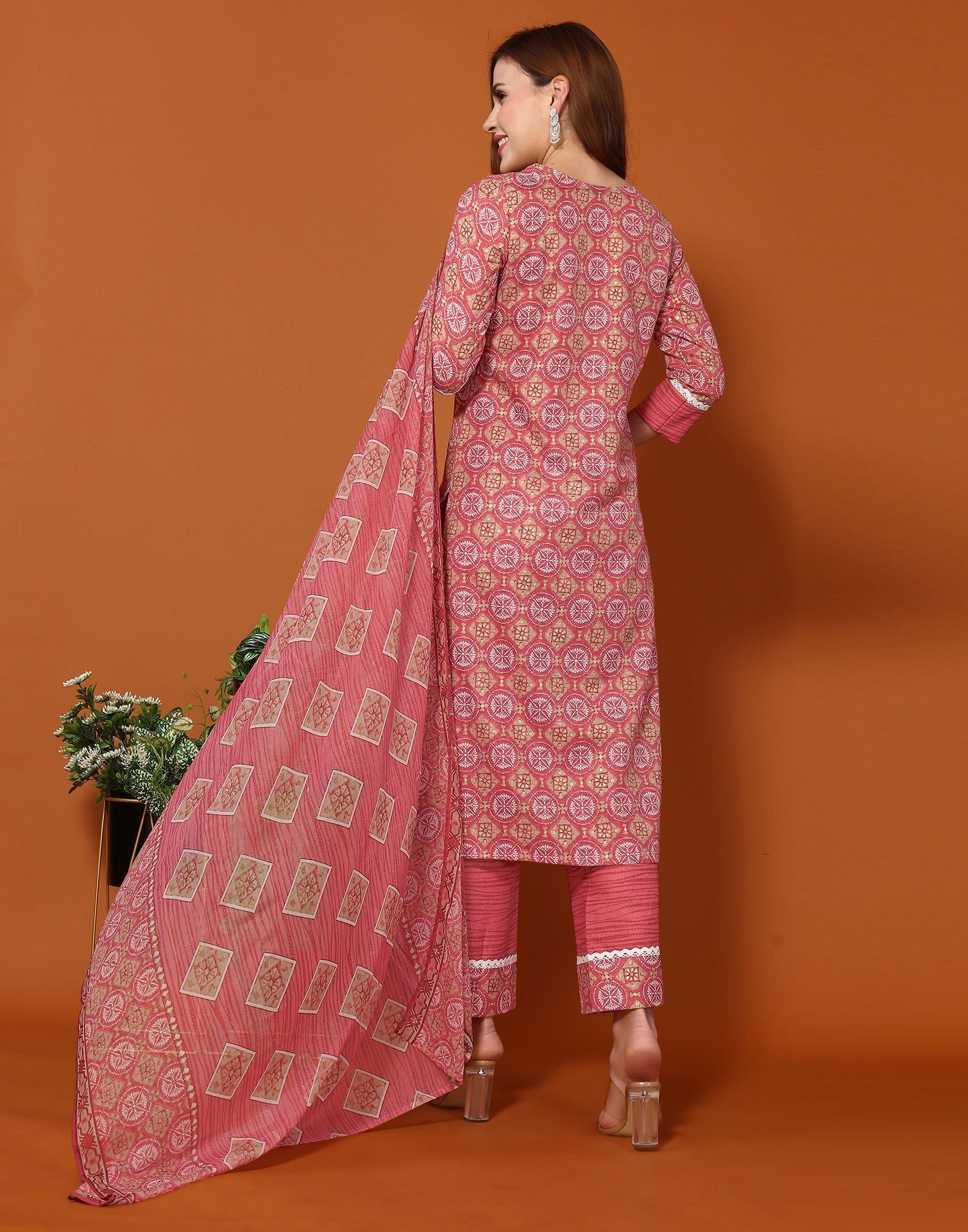 Pink Printed Cotton Straight Kurta With Pant And Dupatta | Sudathi