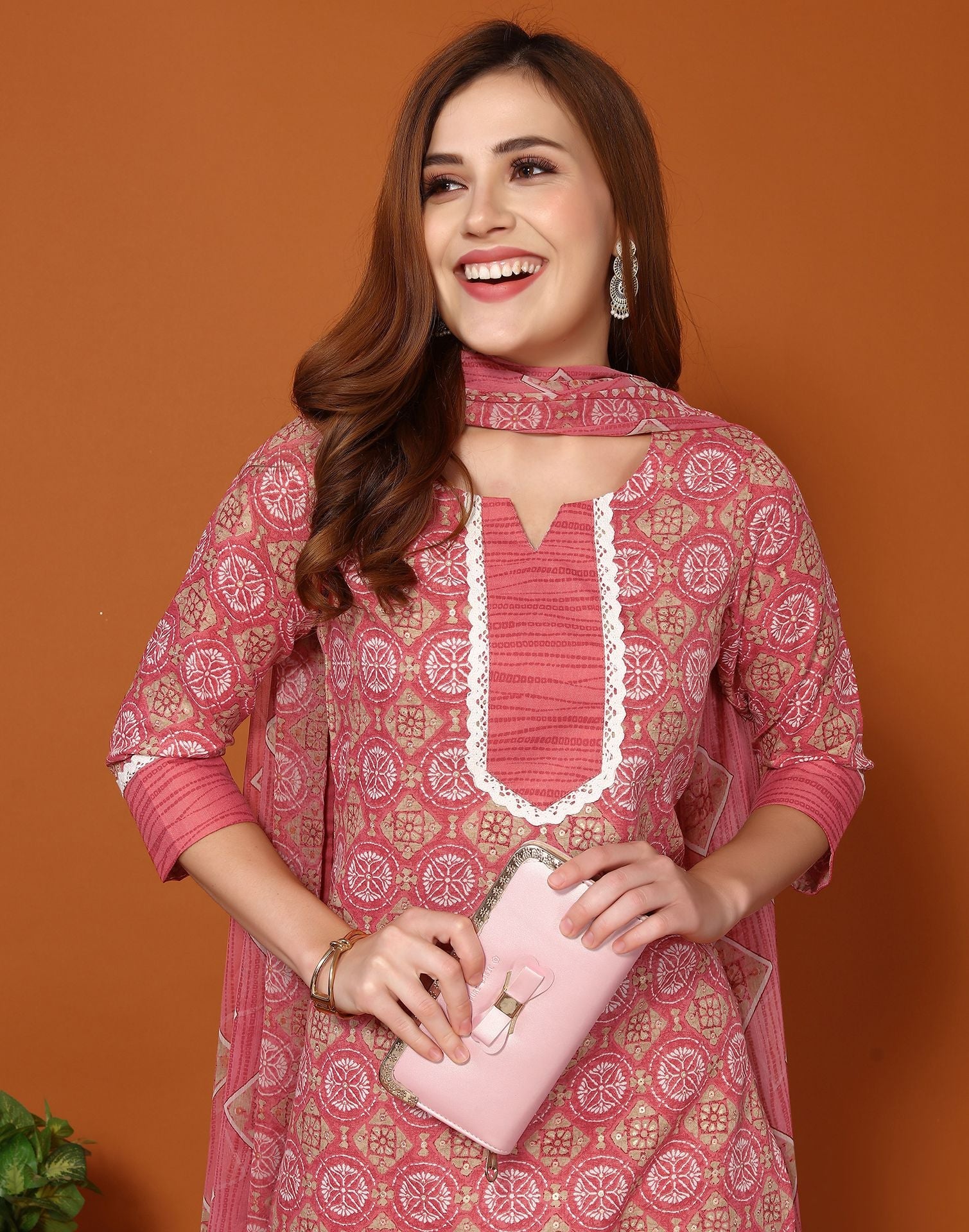 Pink Printed Cotton Straight Kurta With Pant And Dupatta | Sudathi