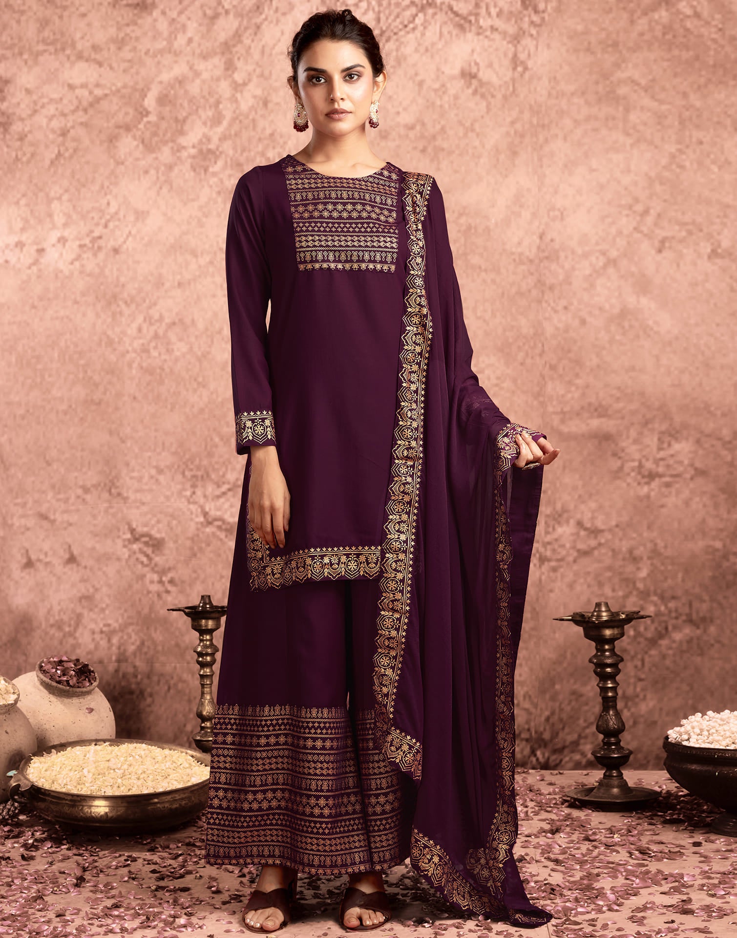 Wine Cotton Printed Straight Kurta Set  With Dupatta