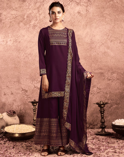 Wine Cotton Printed Straight Kurta Set  With Dupatta