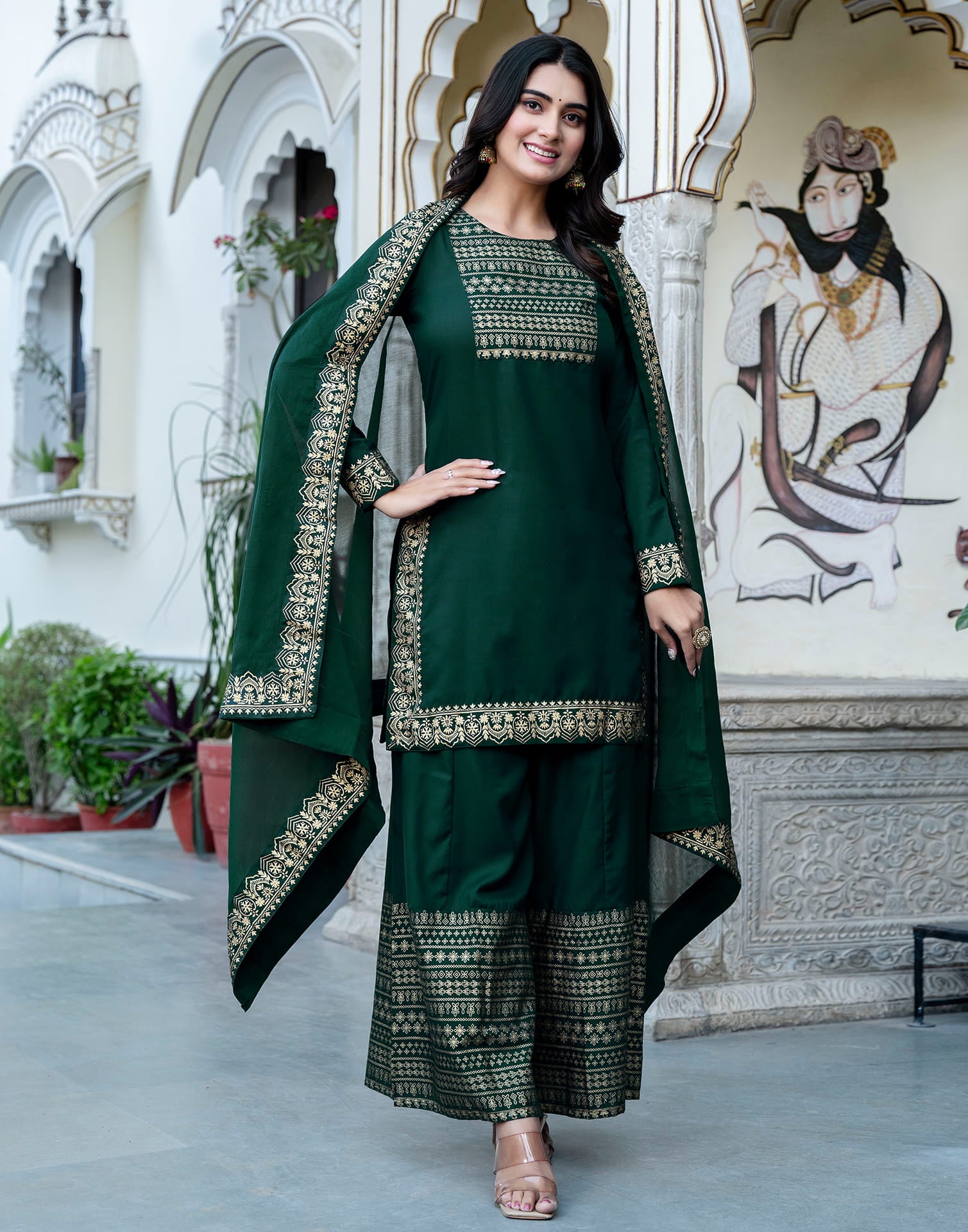 Dark Green Cotton Printed Straight Kurta Set With Dupatta